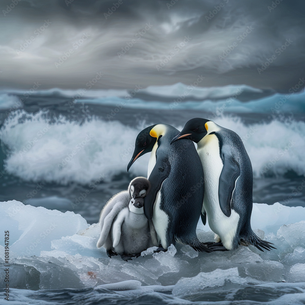 Fototapeta premium Penguins with Chick on Icy Shoreline Under Overcast Sky