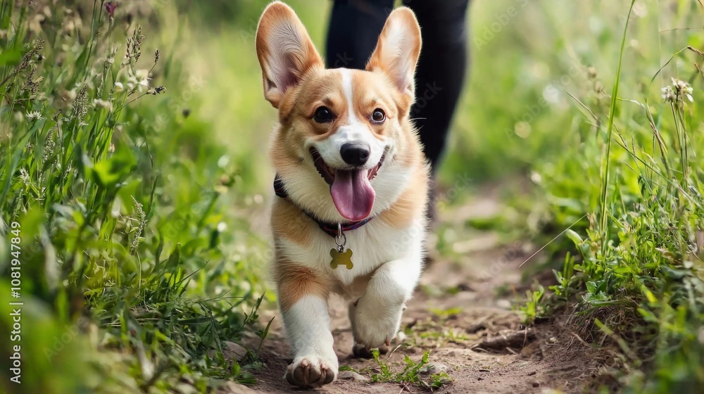 A happy corgi enjoys a sunny walk on a dirt path in a lush green field during a warm afternoon A happy corgi enjoys a sunny walk on a dirt path in a lush green field during a warm afternoon