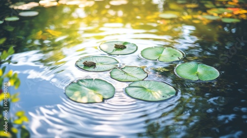 Three Frogs Resting on Lily Pads in a Calm Pond