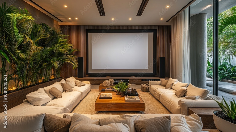 Fototapeta premium A chic living room with a spacious projection screen, complemented by cozy sofas and vibrant greenery, creating a perfect atmosphere for relaxation and entertainment, ideal for movie nights