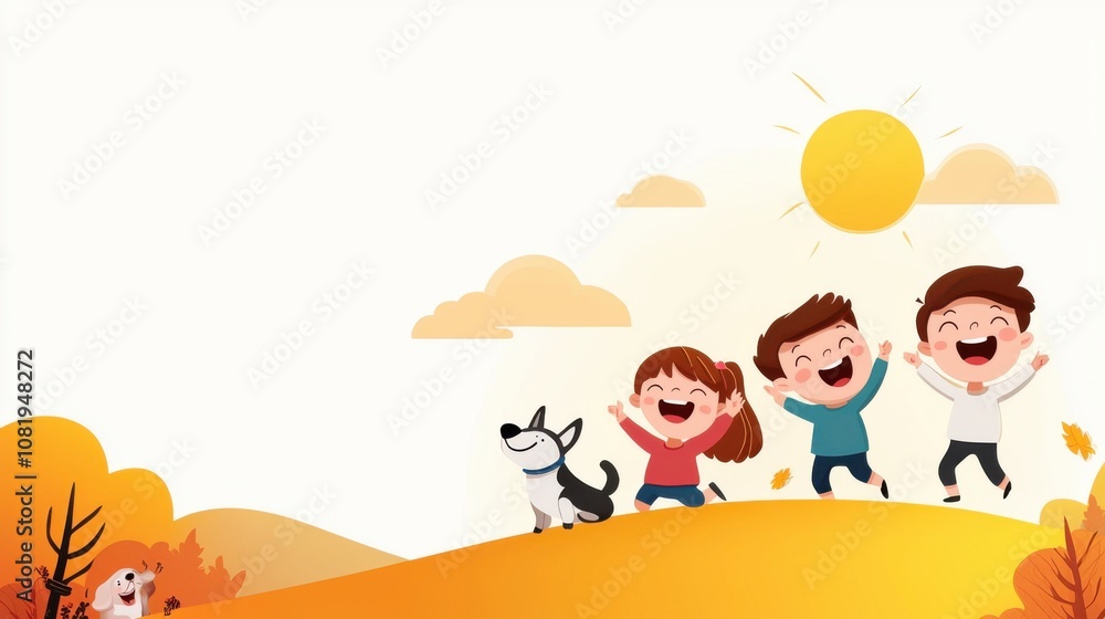 Fototapeta premium Levity and Laughter. Three joyful children play outside with a dog under a bright sun, surrounded by autumn trees and a warm, vibrant landscape.