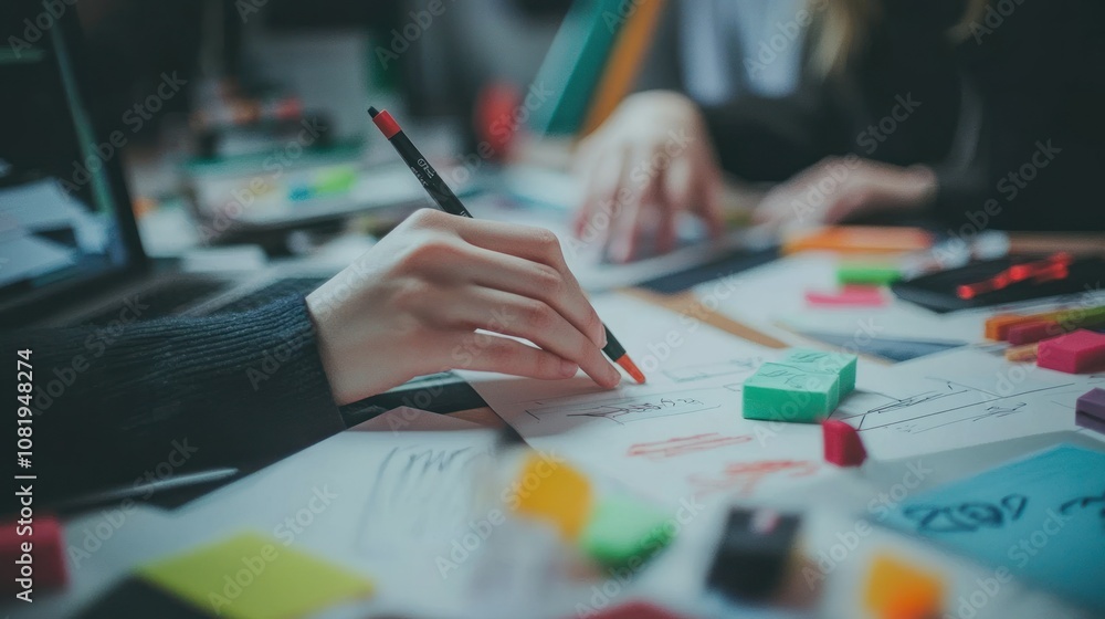 A hand drawing on a whiteboard with colorful sticky notes A hand drawing on a whiteboard with colorful sticky notes