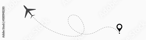 air plane reach in the destination. air plane route. airplane location. destination. reach. landing. dotted line.