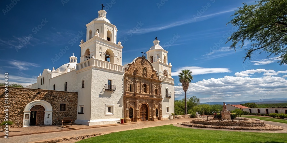 Obraz premium Stunning High Depth of Field Capture of Ysleta Mission Surrounded by Lush Landscapes and Vibrant Skies, Showcasing Architectural Beauty and Cultural Heritage