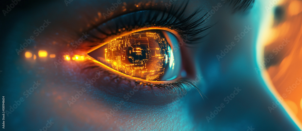a woman's eye with digital circuitry glowing inside, against a blue and orange background, with a cinematic a woman's eye with digital circuitry glowing inside, against a blue and orange background, with a cinematic