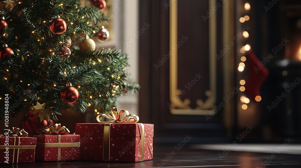 Christmas Tree and Gifts Boxes on a Festive Background. Christmas Tree and Gifts Boxes on a Festive Background.