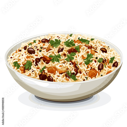 Traditional Afghan Kabuli Pulao with Nuts and Raisins in White Bowl