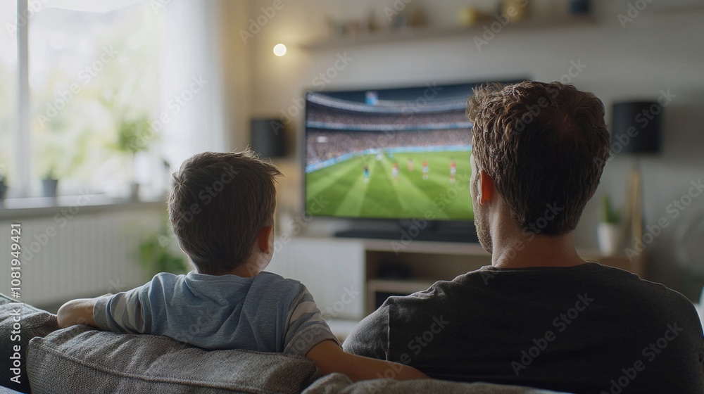 Father and son watching a soccer match together at home in a cozy living room during the evening Father and son watching a soccer match together at home in a cozy living room during the evening