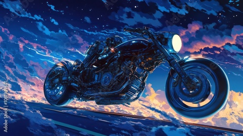 A cyberpunk motorcycle painted in dark blue, with Van Gogh-inspired textures, soaring through a fantasy sky illuminated by disco lights photo