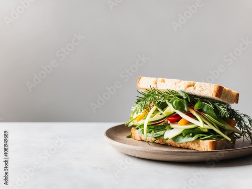 Delicious sandwich with fresh veggies and herbs on wooden plate.