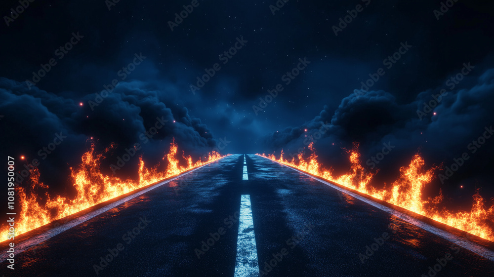 asphalt road with fiery flames and smoke on the sides, illuminated by