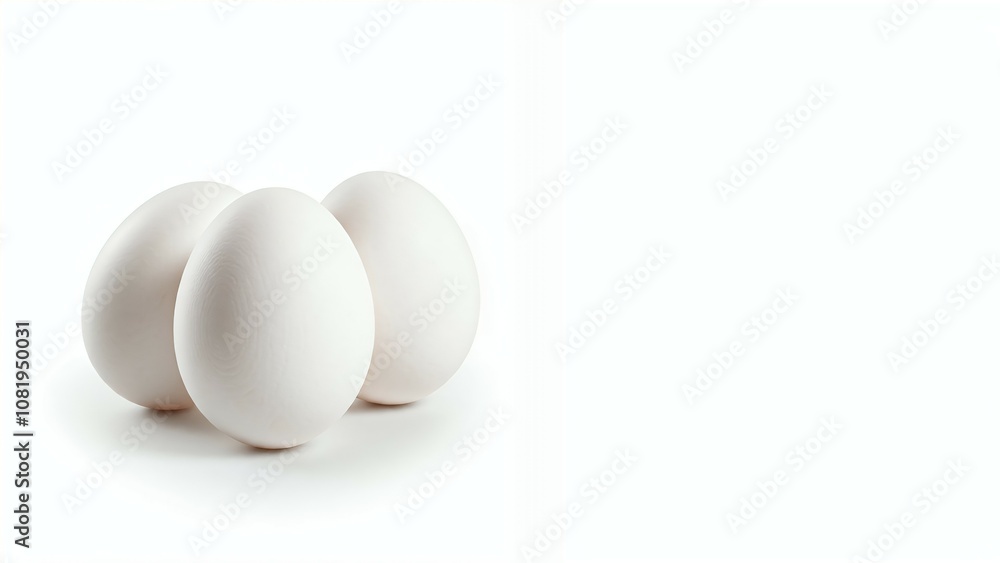 Three white eggs on a plain white background. Three white eggs on a plain white background.