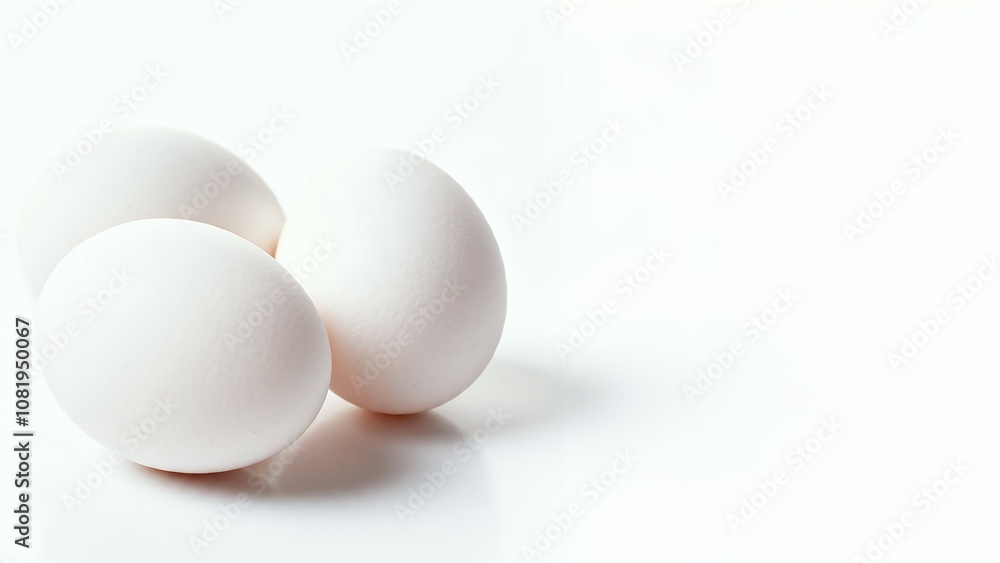 Three white eggs on a white background with soft shadowing. Three white eggs on a white background with soft shadowing.