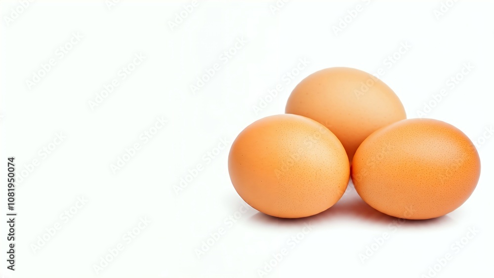 Three brown eggs on a white background. Three brown eggs on a white background.