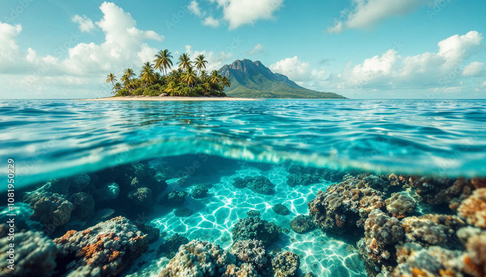 Tropical Island And Coral Reef - Split View With Waterline Tropical Island And Coral Reef - Split View With Waterline