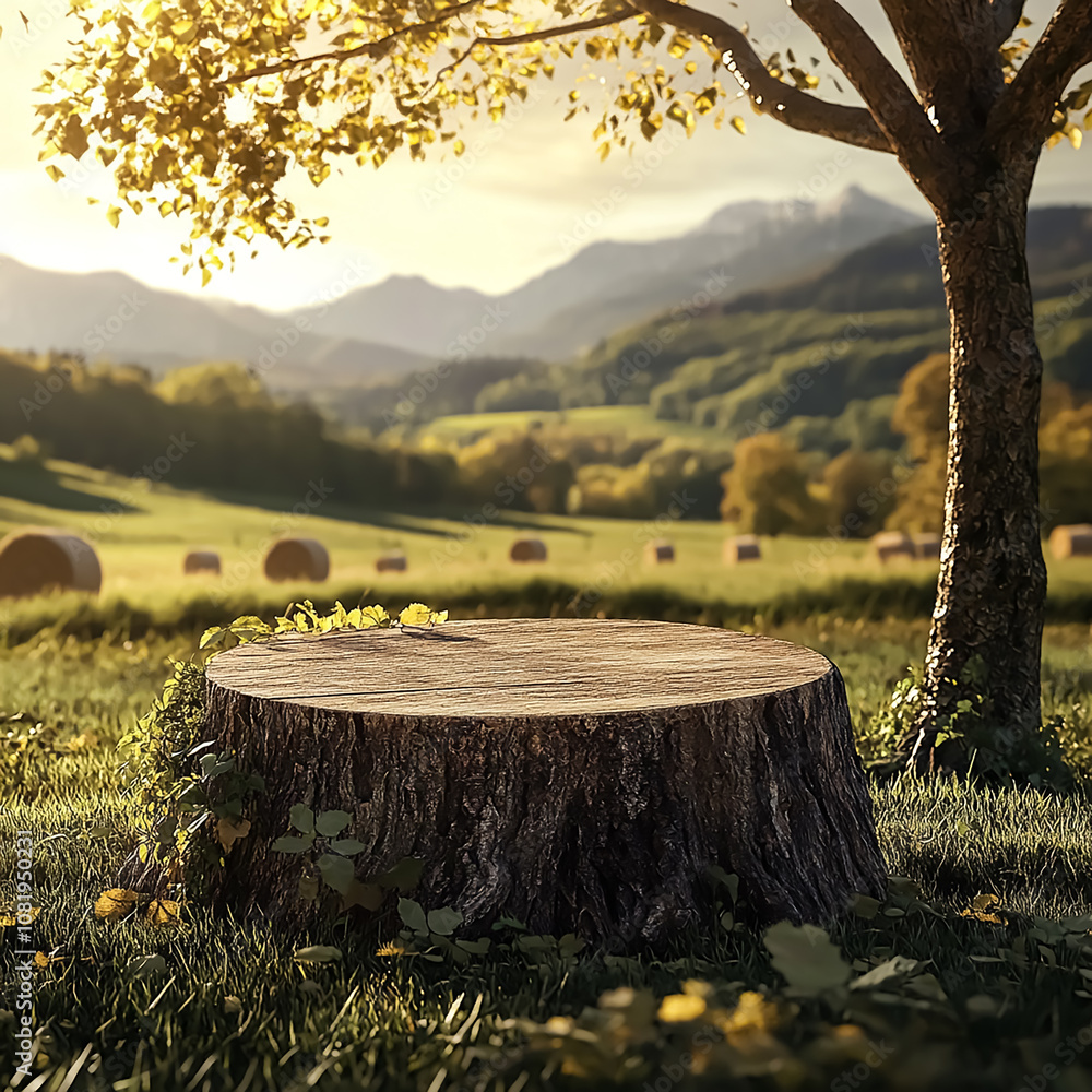 Natural Beauty Product Display on Wooden Tree Stump Podium in Lush Green Meadow with Sunlit Landscape and Distant Mountains Natural Beauty Product Display on Wooden Tree Stump Podium in Lush Green Meadow with Sunlit Landscape and Distant Mountains