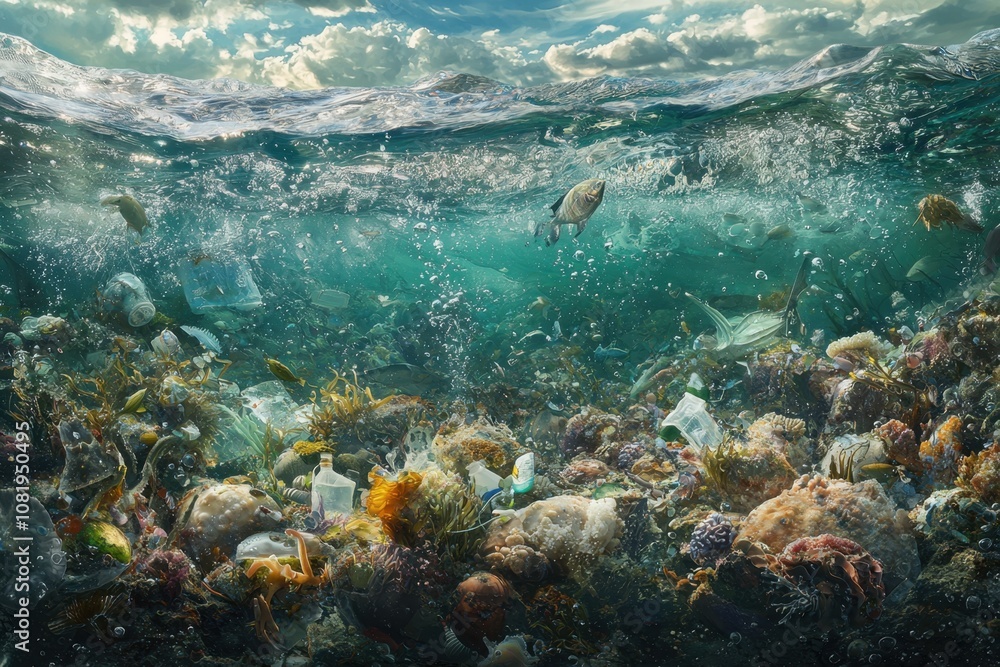 Fototapeta premium Underwater waste crisis ocean environmental photography coral reef aquatic viewpoint pollution awareness