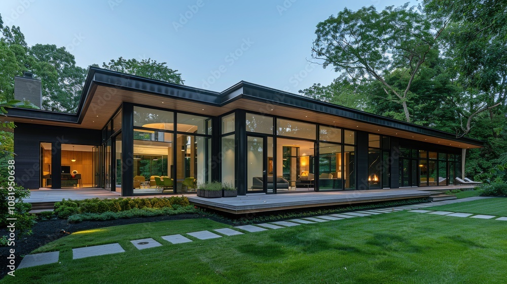 Modern house exterior with clean lines and large windows Modern house exterior with clean lines and large windows