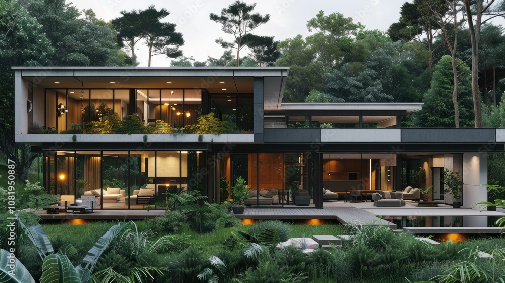 Modern house exterior with clean lines and large windows Modern house exterior with clean lines and large windows