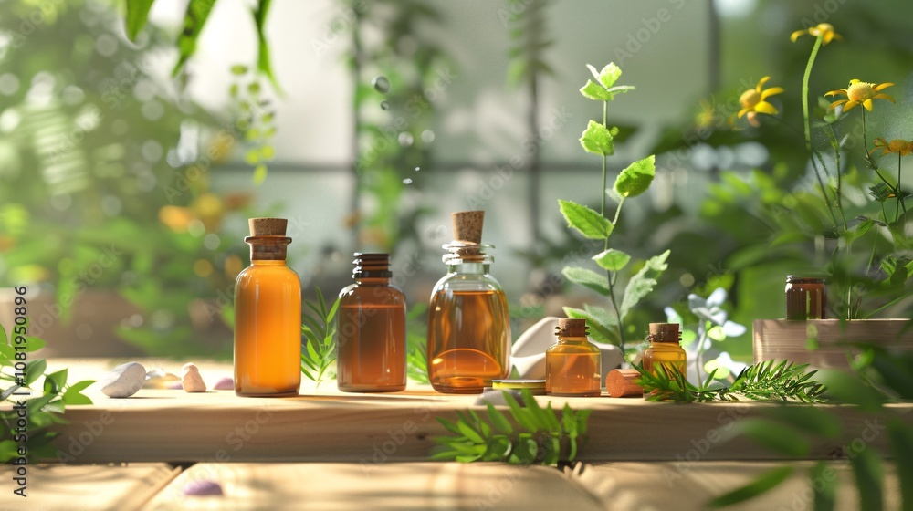 Assorted glass bottles and jars filled with various herbal essential oils botanical ingredients and natural remedies for natural wellness holistic health and eco friendly lifestyle Assorted glass bottles and jars filled with various herbal essential oils botanical ingredients and natural remedies for natural wellness holistic health and eco friendly lifestyle