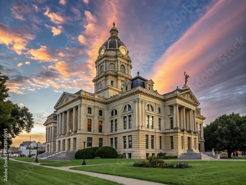 Stunning Portrait Photography of Polk County Courthouse in Iowa, Capturing Architectural Details and Surrounding Landscape in Vivid Colors and Unique Perspectives photo