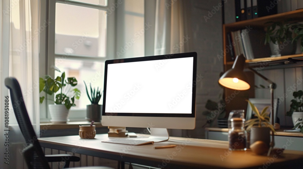 Cozy and Organized Minimalist Home Office Workspace with Computer Monitor Lamp Plant Coffee Mug and Various Office Supplies on a Wooden Desk Cozy and Organized Minimalist Home Office Workspace with Computer Monitor Lamp Plant Coffee Mug and Various Office Supplies on a Wooden Desk