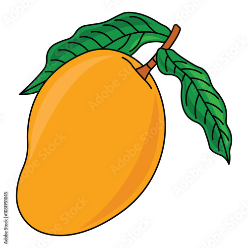 Fresh Mango with Leaves Vector Illustration vector illustration features a vibrant, fresh mango with its accompanying leaves. The mango is depicted with rich, golden-yellow tones.