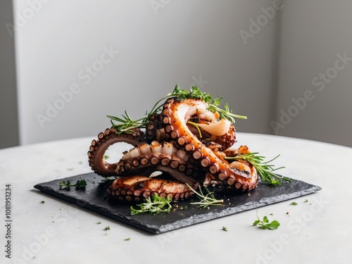 Grilled Octopus on Slate with Herbs and Garnish. photo