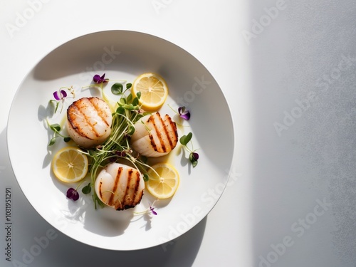 Grilled Scallops with Gourmet Garnishing. photo