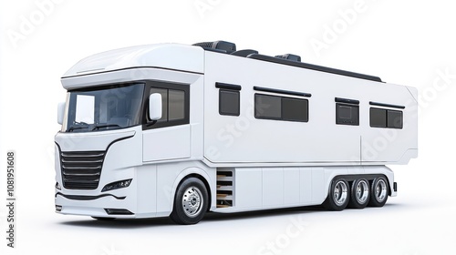 White Luxury Motorhome with Sleek Design and Large Windows