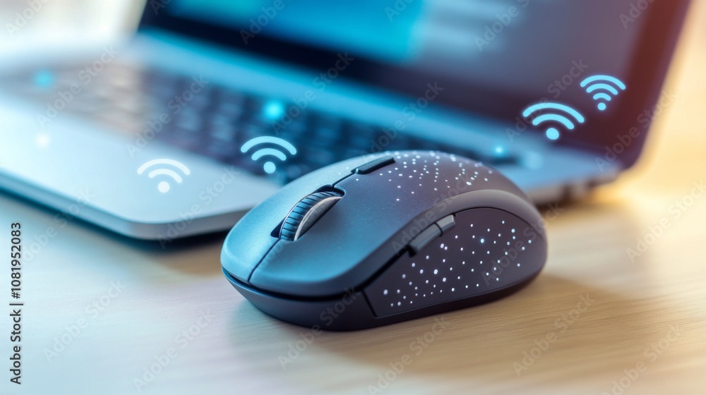 Wireless Mouse and Laptop with Connecting Signals, Modern Technology Setup in a Bright Workspace with Soft Light Enhancing Product Features and Functionality Wireless Mouse and Laptop with Connecting Signals, Modern Technology Setup in a Bright Workspace with Soft Light Enhancing Product Features and Functionality