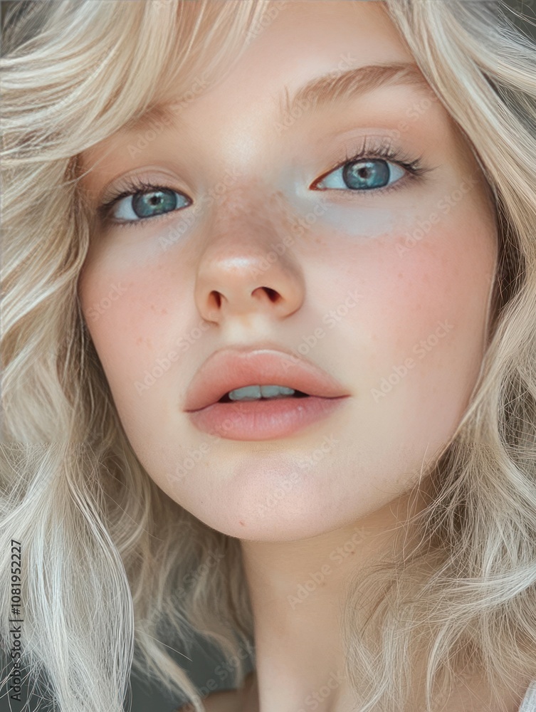 Close-up of a blonde woman with soft blue eyes, light makeup, and a small scar on her cheek, adding character to her cute face Close-up of a blonde woman with soft blue eyes, light makeup, and a small scar on her cheek, adding character to her cute face