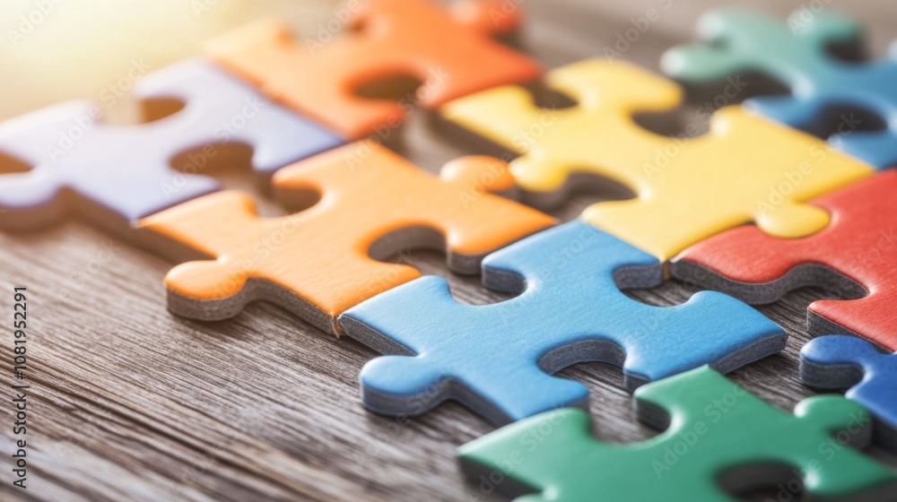 Fototapeta premium Colorful Jigsaw Puzzle Pieces on Wooden Surface, Symbolizing Problem Solving, Creativity, and Cognitive Development in Educational Activities and Game Design