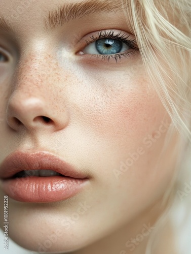 Close-up of a blonde woman with soft blue eyes, light makeup, and a small scar on her cheek, adding character to her cute face