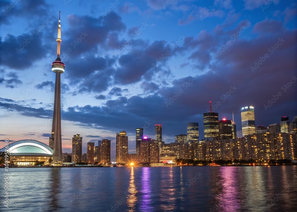 Obraz premium Stunning Toronto City Waterfront Skyline at Night with Illuminated Buildings and Reflections in Water, Showcasing a Vibrant Urban Atmosphere, Perfect for Travel and Cityscape Themes
