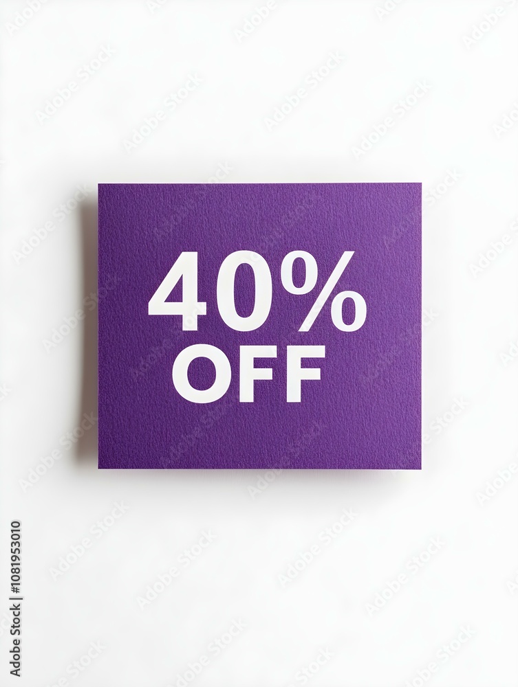 White '40% OFF' Text on a Purple Square Paper Note. White Background White '40% OFF' Text on a Purple Square Paper Note. White Background
