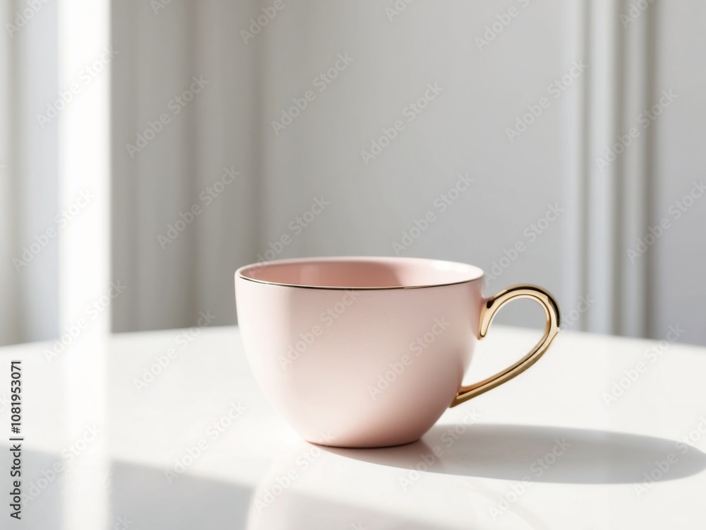 pink coffee cup with gold plated heart shape on a simple background with copy space. pink coffee cup with gold plated heart shape on a simple background with copy space.
