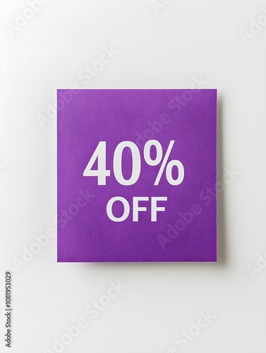 White '40% OFF' Text on a Purple Square Paper Note. White Background 