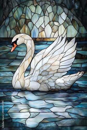 Fototapeta Naklejka Na Ścianę i Meble -  A stunning stained glass swan gracefully glides across a tranquil blue water surface.