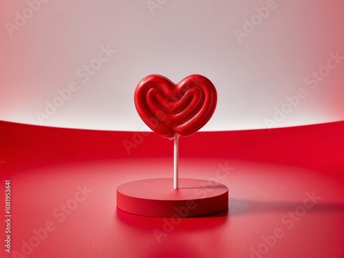 red heart shape candy lollipop on red background with copy space. photo