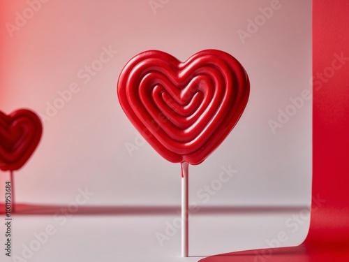 red heart shape candy lollipop on red background with copy space. photo