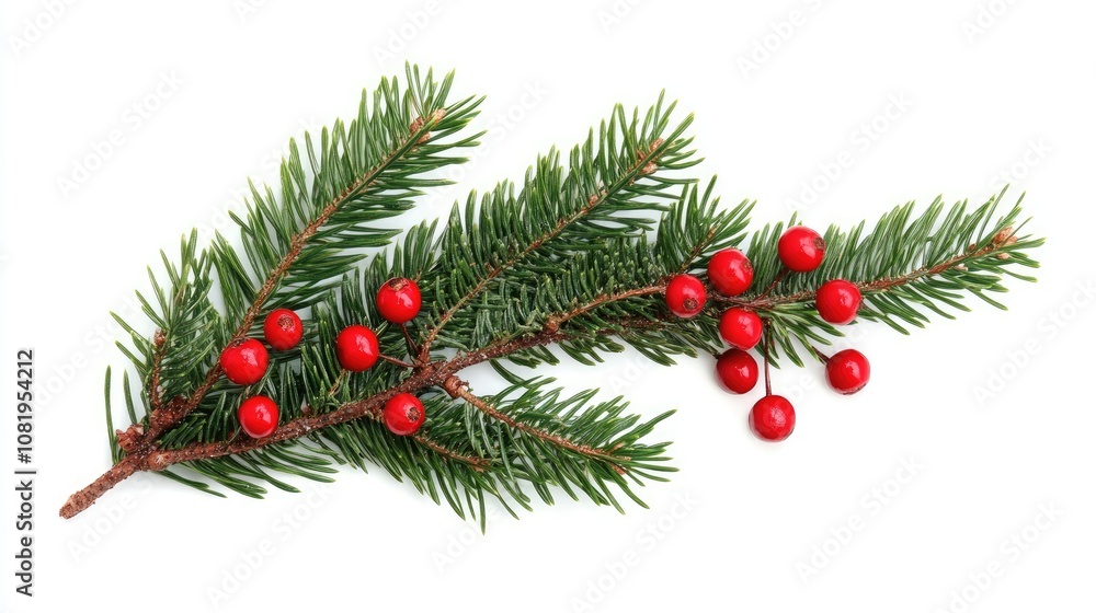 Blank Christmas card laid flat on a white background, with a sprig of green pine and a few small red berries arranged artistically for seasonal warmth. Blank Christmas card laid flat on a white background, with a sprig of green pine and a few small red berries arranged artistically for seasonal warmth.