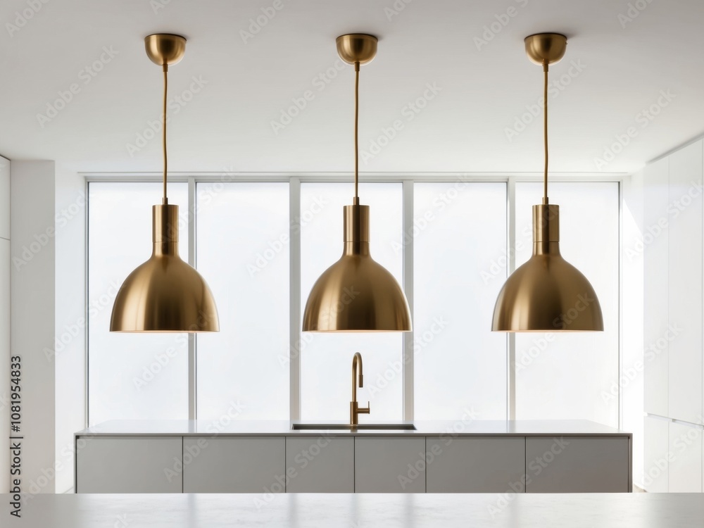 Obraz premium Three modern golden pendant lights hanging over a kitchen island with a large window in the background.