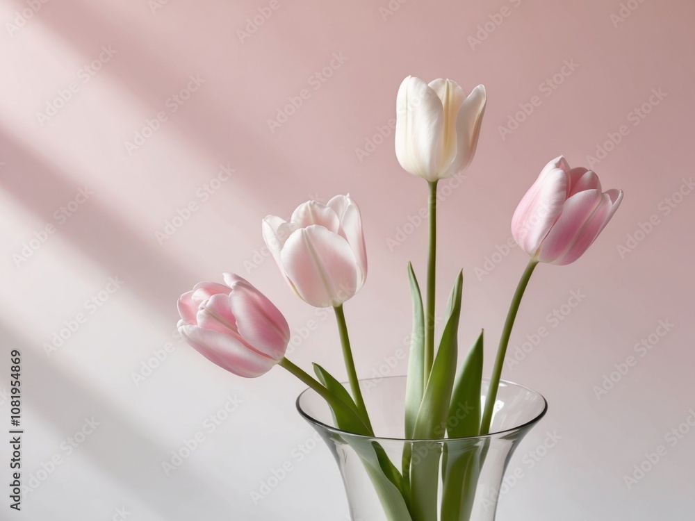 Three pink tulips in a vase on a pink background. Three pink tulips in a vase on a pink background.