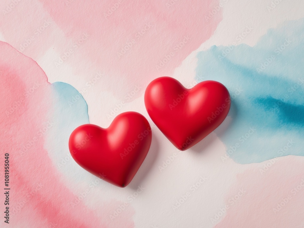 Obraz premium two red heart shapes on pink blue watercolor abstract background with copy space.