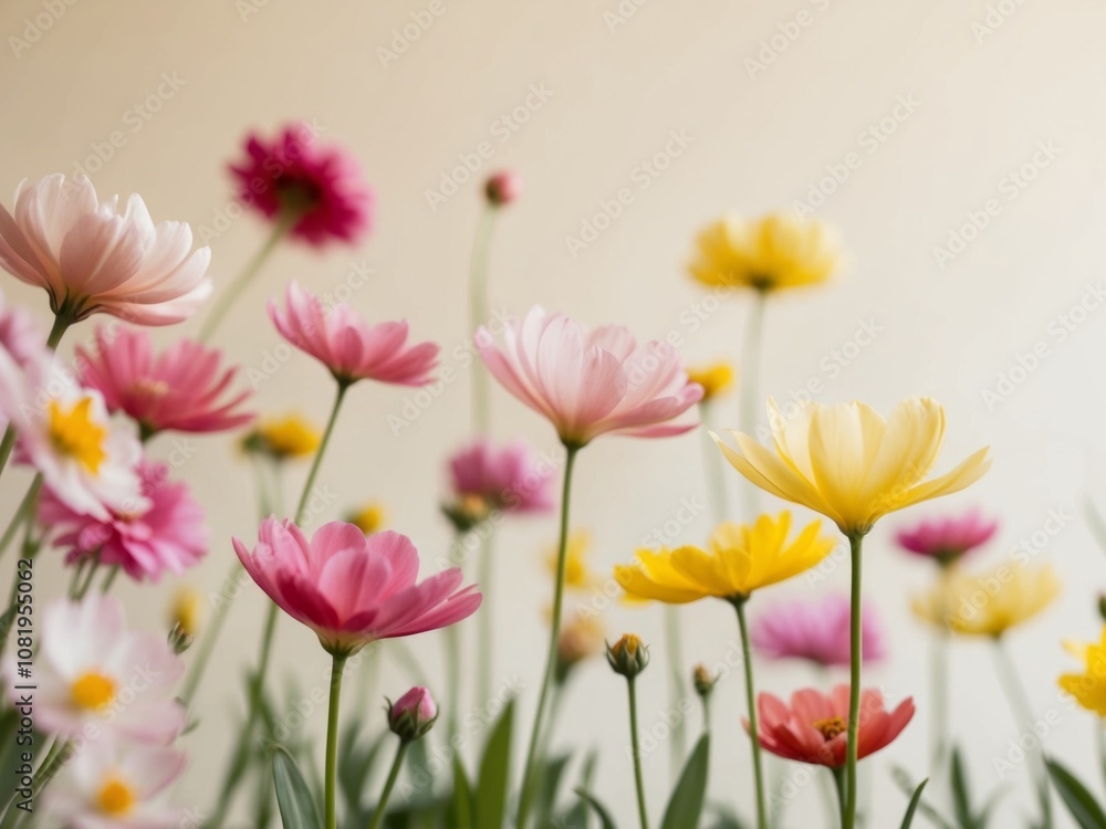 Vibrant Spring Garden with Pink and Yellow Flowers. Vibrant Spring Garden with Pink and Yellow Flowers.