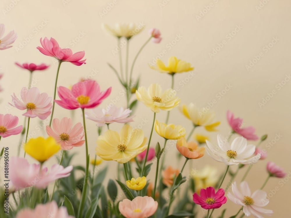 Fototapeta premium Vibrant Spring Garden with Pink and Yellow Flowers.