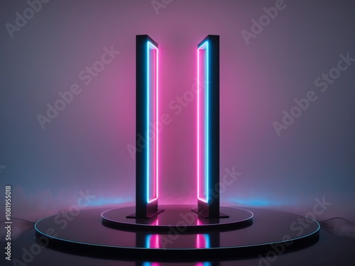 two vertical neon light bars on circular platform with vibrant pink blue hues reflecting on dark surface with misty background. photo