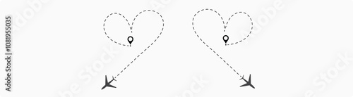 Plane paths. Aircraft tracking, planes, travel, map pins, location pins. Romantic travel, heart dashed line trace and plane routes. 1