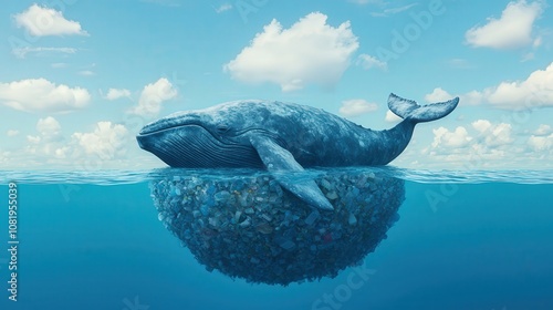 Ocean plastic cleanup. A serene underwater scene featuring a massive whale floating above a unique, island-shaped mass of sea life, surrounded by clear blue waters and fluffy clouds.